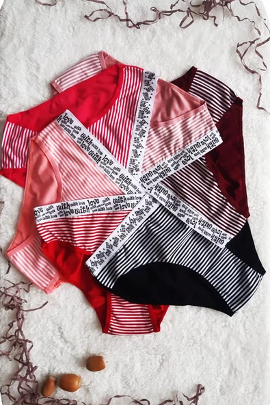 6 lı Kadın Çizgili Karışık Renk Pamuklu Bikini Külot With Love - 3