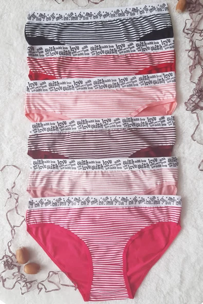 6 lı Kadın Çizgili Karışık Renk Pamuklu Bikini Külot With Love - 4