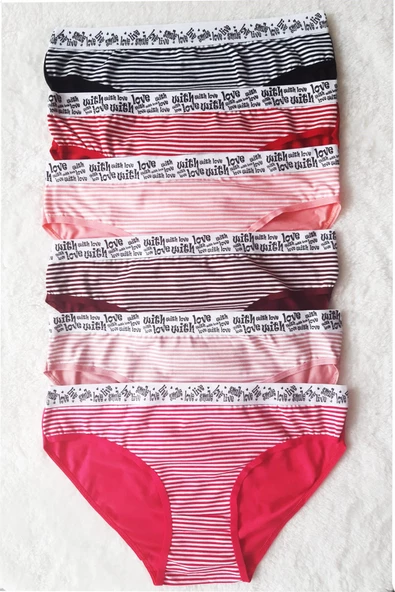 6 lı Kadın Çizgili Karışık Renk Pamuklu Bikini Külot With Love - 2