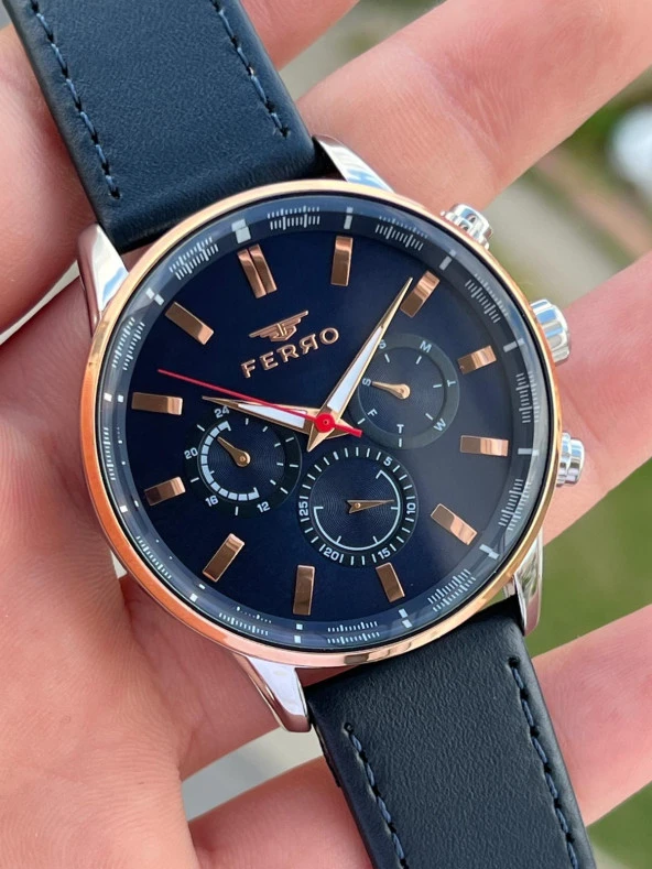 Ferro Takvimli+İç Fonksiyonları Aktif Lacivert-Rose Renk Deri Kordon 3 Atm Erkek Kol Saat EFM11084-3 - 4