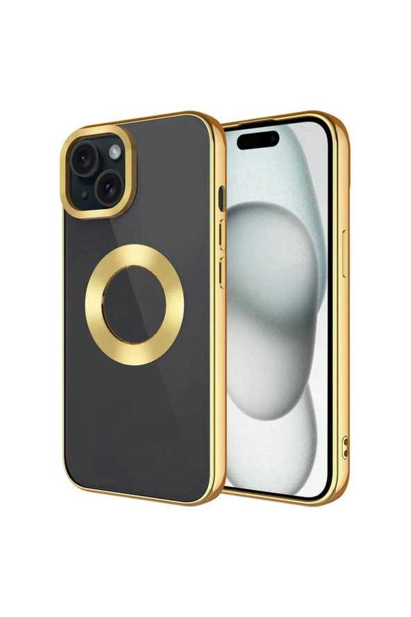 iPhone 15 Plus Uyumlu Tek Kamera Çerçeveli Logo Gösteren CSK Zore Omega Kılıf-Gold