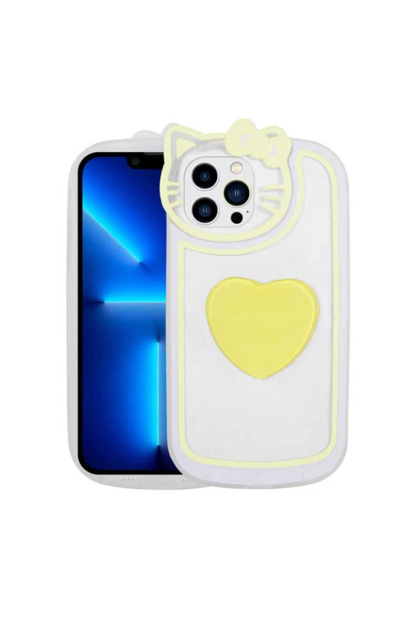 iPhone 12 Pro Uyumlu Kedi Figürlü Transparan Pop Soketli CSK Zore Ritmik Kılıf-Sarı