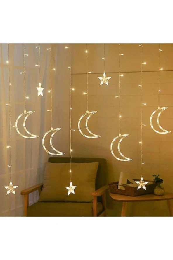 Dekoratif 8 Fonksiyonlu Ay Yıldızlı Perde Led 12 Sarkıt Ip Led Ekstra Yıldızlı - Resim 2