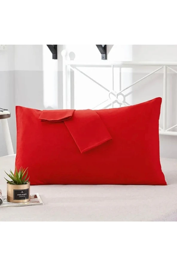 Kırmızı Renkli Pamuklu Kumaştan Kapaklı Yastık Kılıfı (2 Adet) 50 X 70 Cm