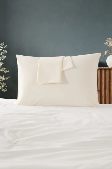 MODELHOME Krem Renkli Pamuklu Kumaştan Kapaklı Yastık Kılıfı (2 Adet) 50 X 70 Cm - 1