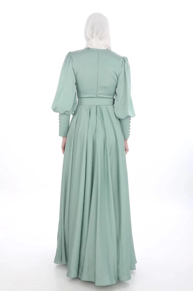 Göğüs Detaylı Saten Elbise 696-Çağla - Resim 4