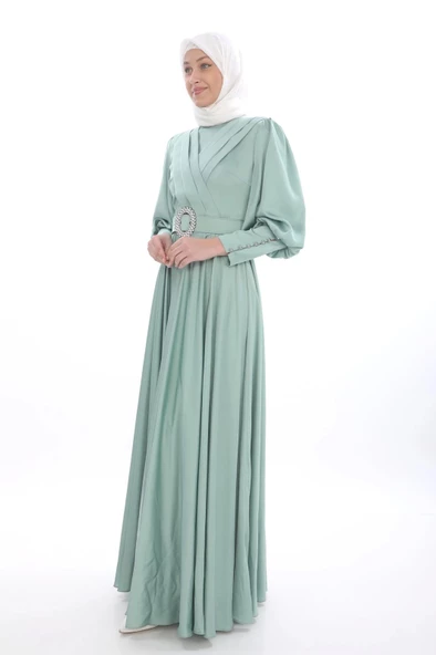 Göğüs Detaylı Saten Elbise 696-Çağla - Resim 3