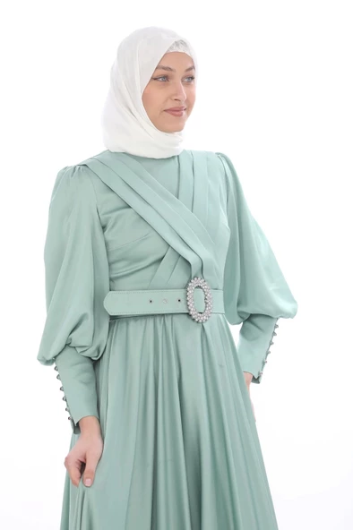 Göğüs Detaylı Saten Elbise 696-Çağla - Resim 2