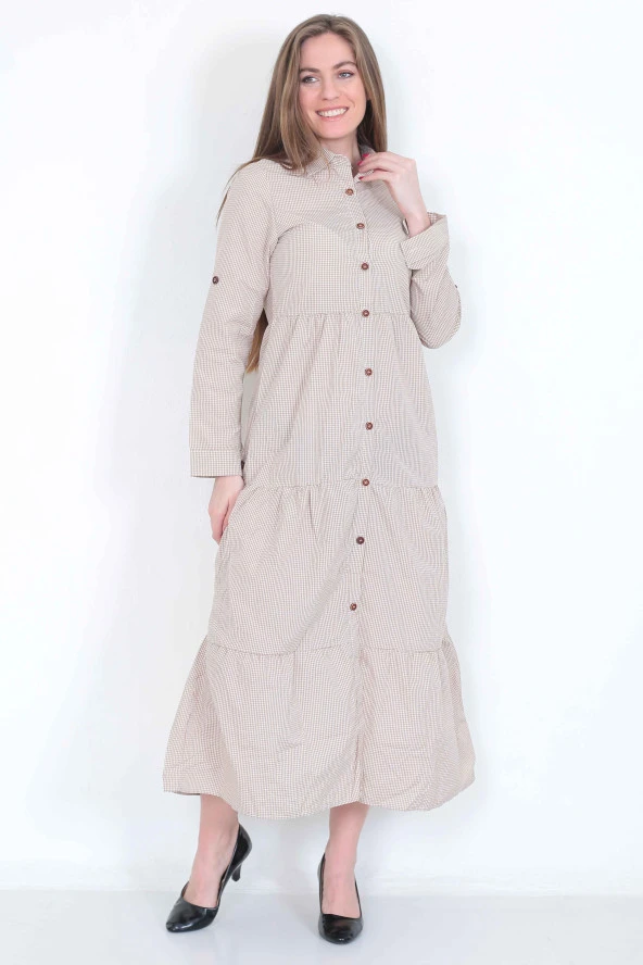 EKOSELİ Düğmeli Gömlek Yaka Elbise - 3