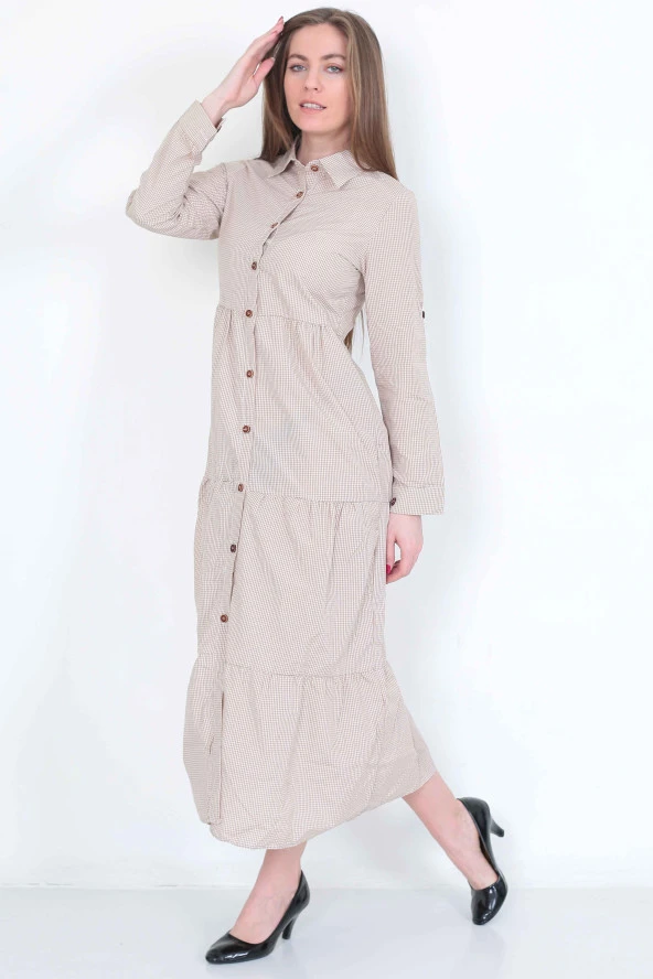 EKOSELİ Düğmeli Gömlek Yaka Elbise - 4