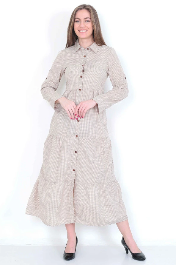 EKOSELİ Düğmeli Gömlek Yaka Elbise - 5