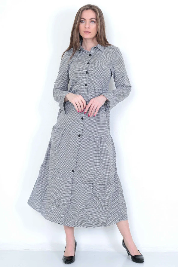 EKOSELİ Düğmeli Gömlek Yaka Elbise - 10