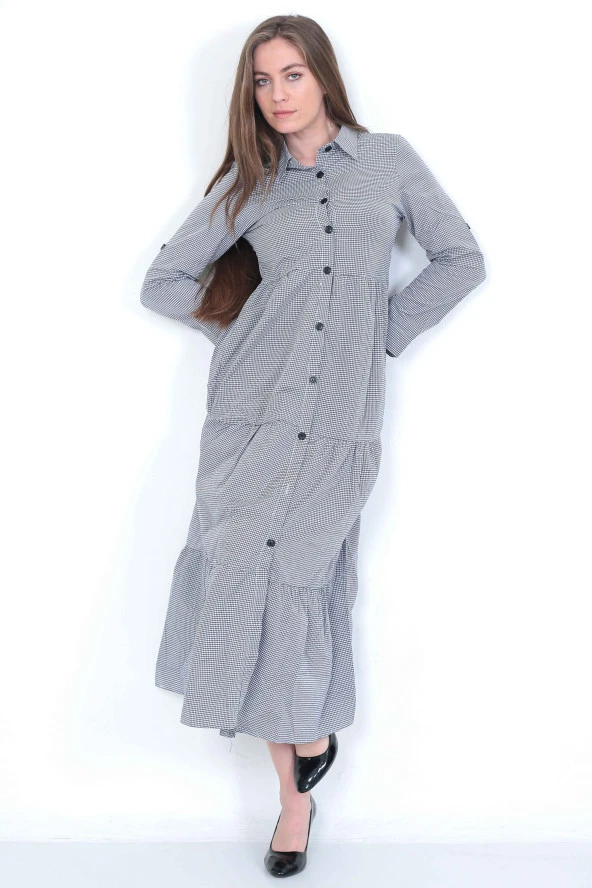 EKOSELİ Düğmeli Gömlek Yaka Elbise - 8