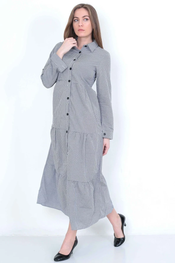 EKOSELİ Düğmeli Gömlek Yaka Elbise - 9