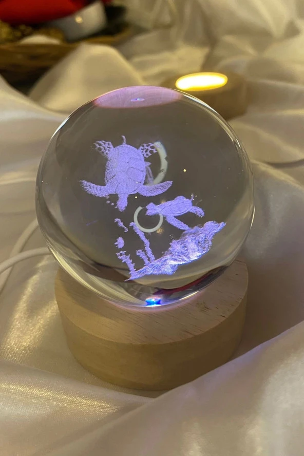 3D Led Işık Cam Küre Çok Işıklı Ahşap Kaplumbağa 6 cm
