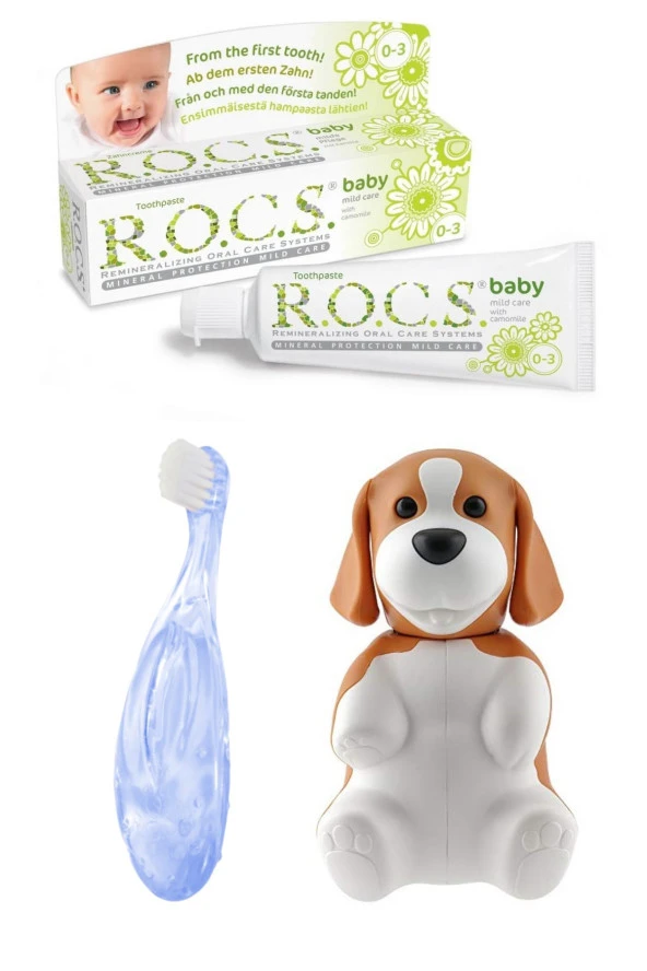 Rocs Baby Komple Ağız Bakım Seti - Bebek Papatya Özlü Diş Macunu +Mavi Bebek Diş Fırçası + Flipper Saklama Kabı Köpekçik