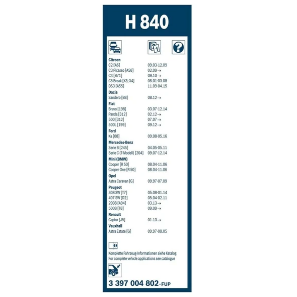 Citroen C3 Bosch Arka Silecek 29cm 2017-2022 Rear H840 - 3