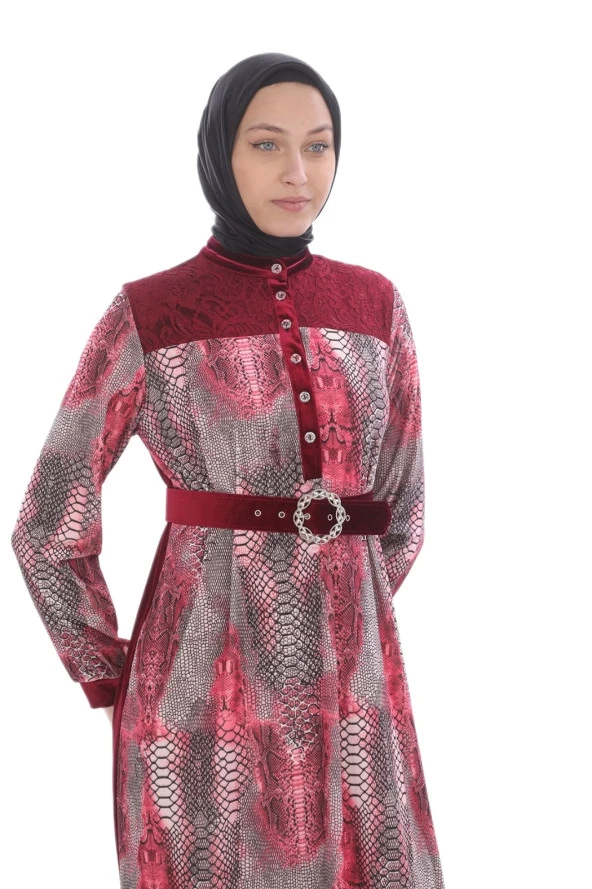 Leila Piton Desenli Kadife Elbise 699-Bordo - 3