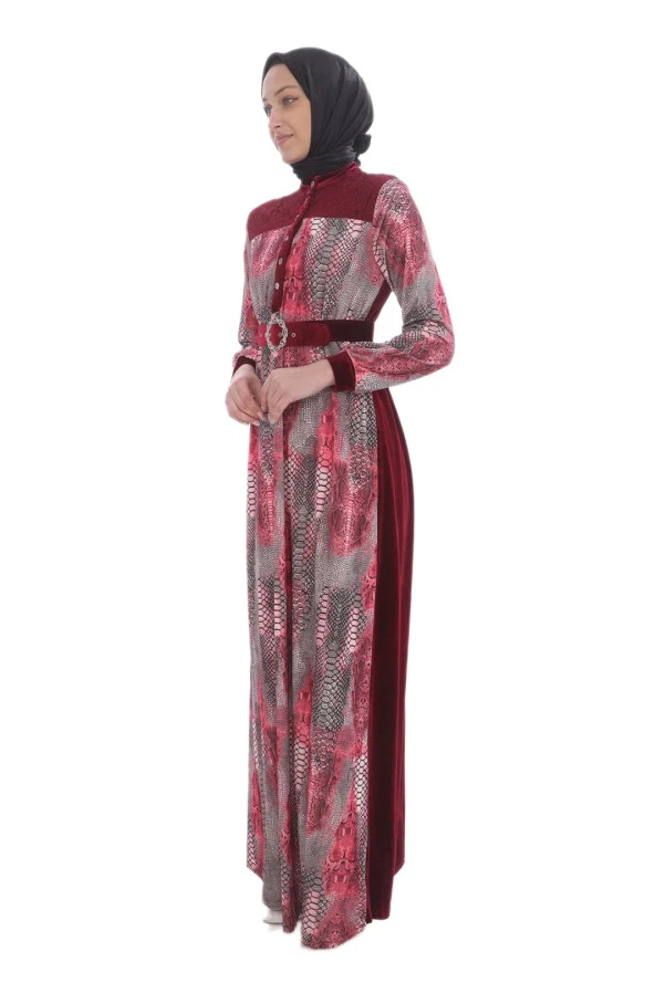 Leila Piton Desenli Kadife Elbise 699-Bordo - 2