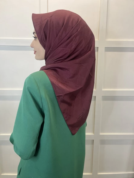 Jakarlı Monogram Eşarp, Piramit Monogram, Desenli Eşarp 01009  BORDO - Resim 3