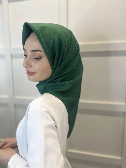 Jakarlı Monogram Eşarp, Piramit Monogram, Desenli Eşarp 01009  ZÜMRÜT - Resim 3