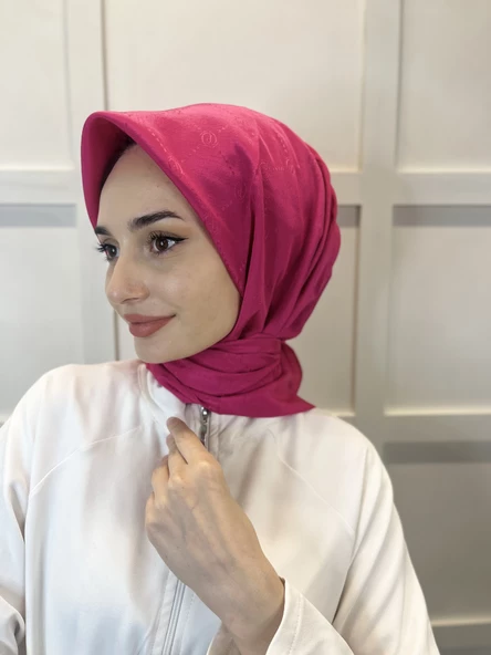 Jakarlı Monogram Eşarp, Piramit Monogram, Desenli Eşarp 01009  FUŞYA - Resim 2