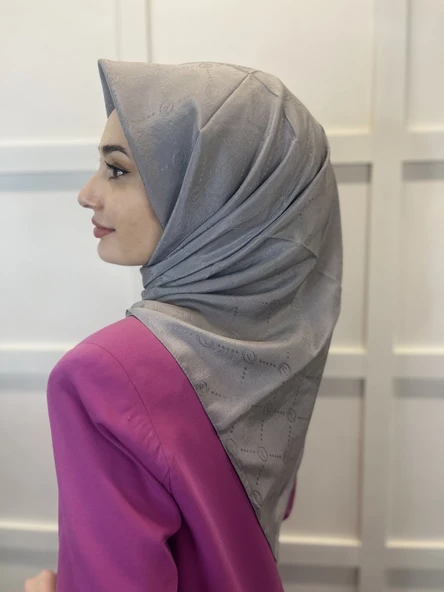 Jakarlı Monogram Eşarp, Piramit Monogram, Desenli Eşarp 01009  GÜMÜŞ - Resim 3