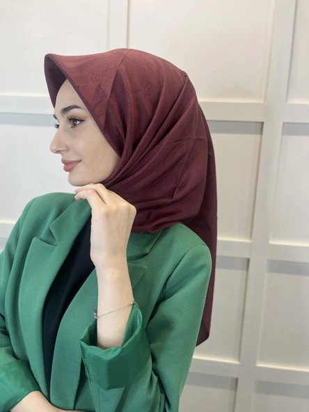 Jakarlı Monogram Eşarp, Piramit Monogram, Desenli Eşarp 01009  BORDO - Resim 2