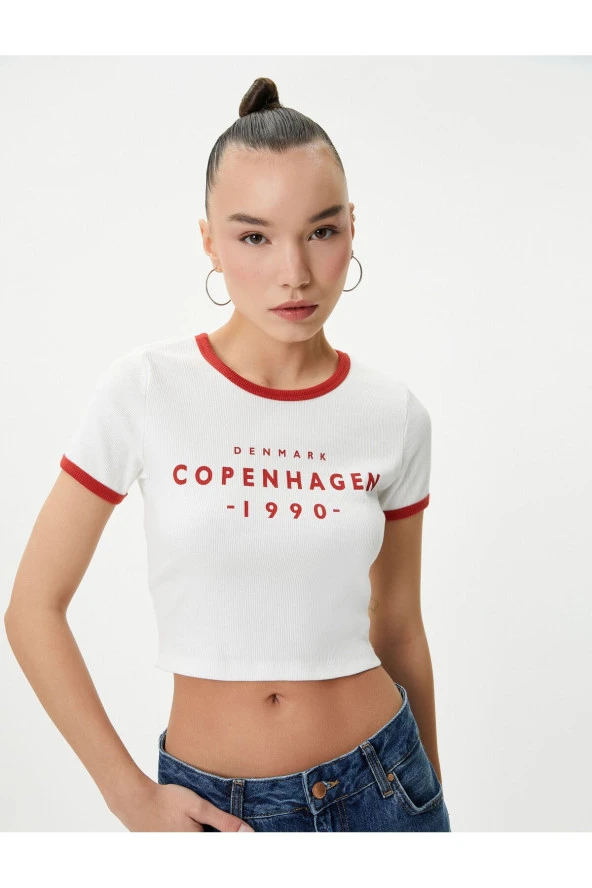 Kolej Crop Tişört Slim Fit Biyeli Kısa Kollu Bisiklet Yaka Pamuklu