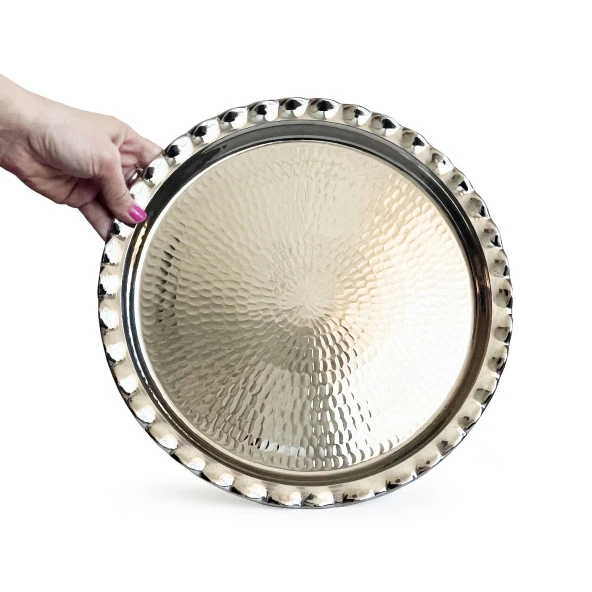 Shark Anatolia Çaldıran El Dövmesi Bakır Yuvarlak Sunum Tepsisi 34 cm Nikel - 4