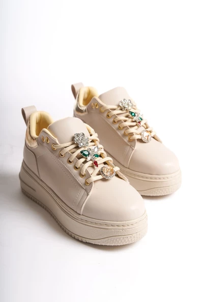 BRIANNA Bağcıklı Ortopedik Taban Renkli Taş Dekorlu Kadın Sneaker Ayakkabı KT Krem/Altın - 4