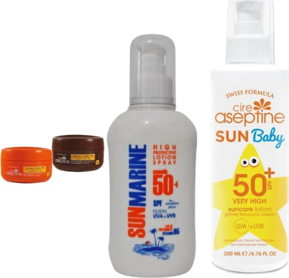 Sunmarine  SPF50+ Lotion 200ML + Havuçlu + Kakaolu 2spf Güneş Yağı 100 Ml+S