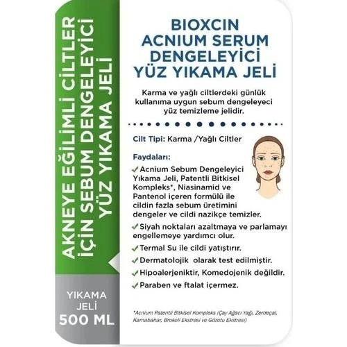 Bioxcin Acnium Sebum Dengeleyici Yüz Yıkama Jeli 500 ml + 500 ml Avantaj Paket - 2