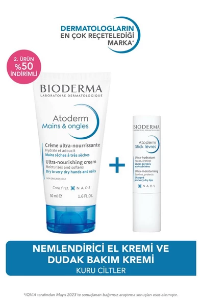 Bioderma Atoderm Kuru Ciltler Onarıcı, Nemlendirici El & Dudak Bakım Kremi Ikili Avantajlı Set 4gr & 50ml