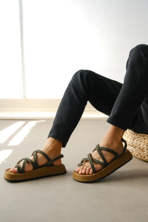 BA0343 Erkek Bodrum İp Halat Haki Günlük Sandalet - 3