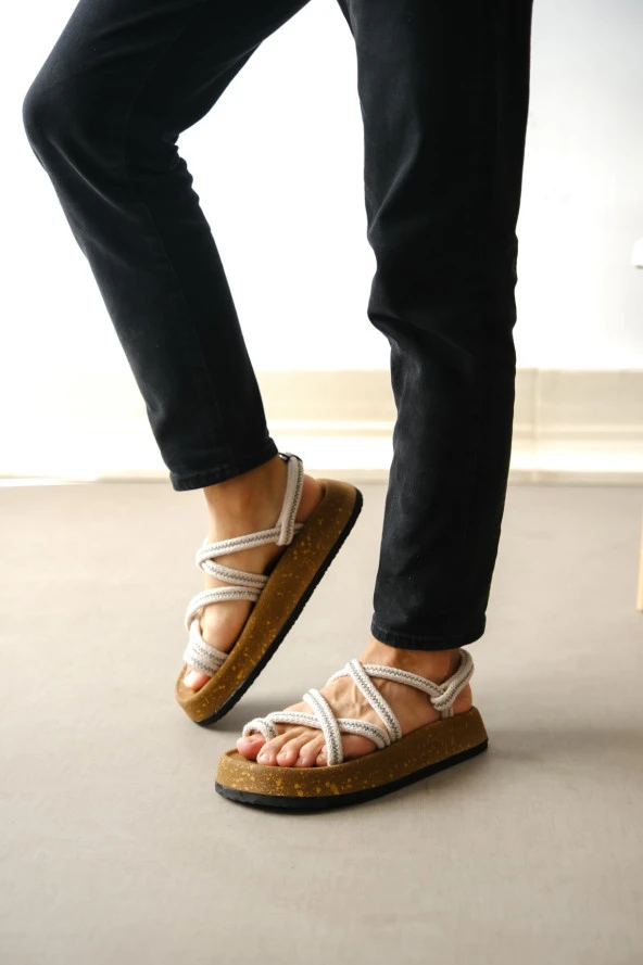 BA0343 Erkek Bodrum İp Halat Kum Beji Günlük Sandalet - 4