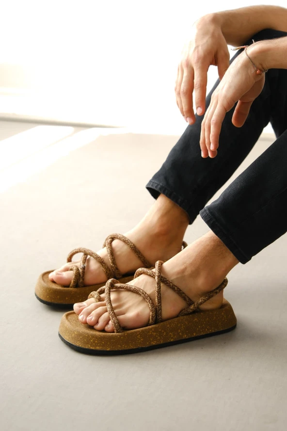 BA0343 Erkek Bodrum İp Halat Taba Günlük Sandalet - 3