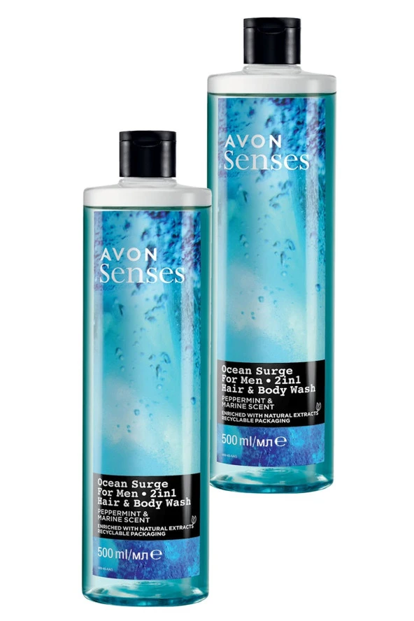 AVON,Senses Ocean Surge Nane ve Deniz Kokulu Saç ve Vücut için Erkek Duş Jeli 500 Ml. İkili Set