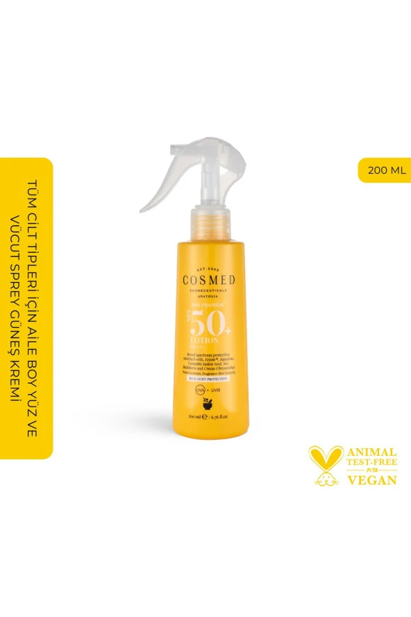 Sun Essential Lotion Spf 50 Tüm Cilt Tipleri Için Aile Boy Yüz Ve Vücut Sprey Güneş Kremi 200 ml
