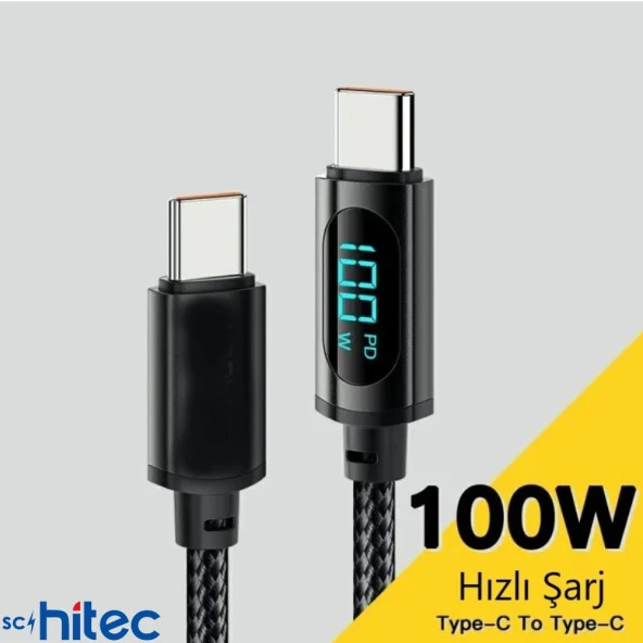 ScHitec PD100W 5A Type-C to Type-C Dijital Göstergeli Örgülü Hızlı Şarj Data Kablosu Siyah - 2
