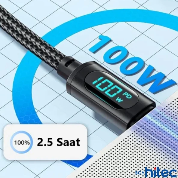 ScHitec PD100W 5A Type-C to Type-C Dijital Göstergeli Örgülü Hızlı Şarj Data Kablosu Siyah - 3