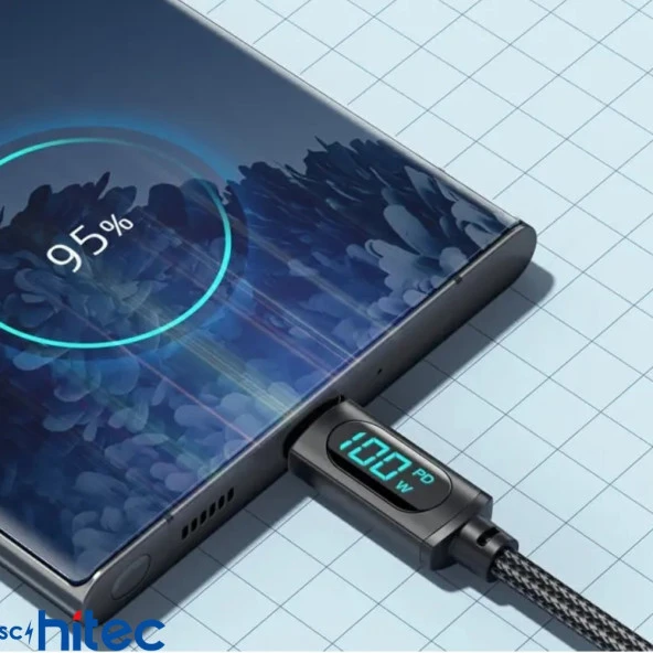 ScHitec PD100W 5A Type-C to Type-C Dijital Göstergeli Örgülü Hızlı Şarj Data Kablosu Siyah - 4