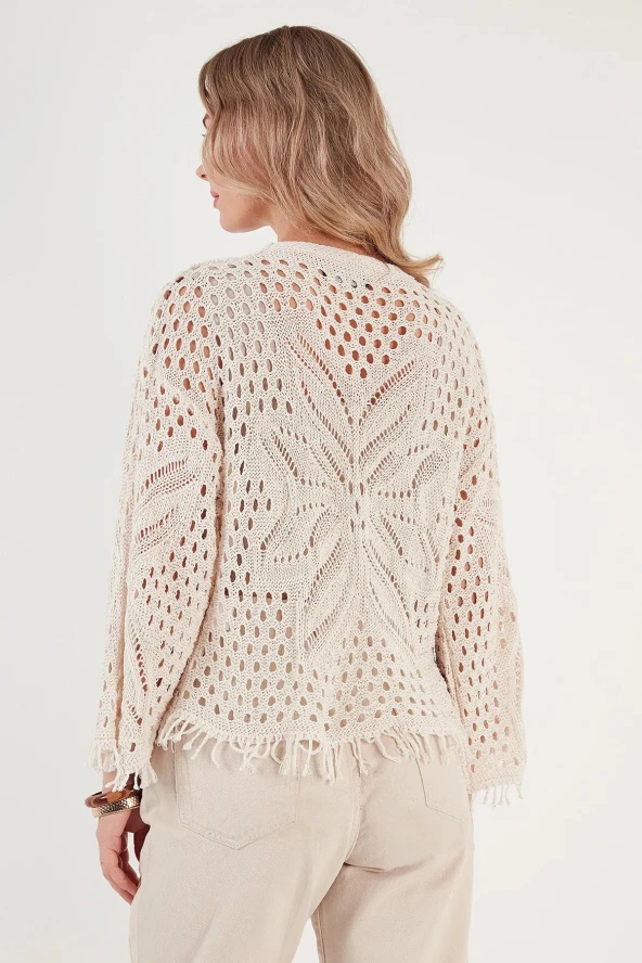 Püsküllü Ajurlu Triko Hırka - 3