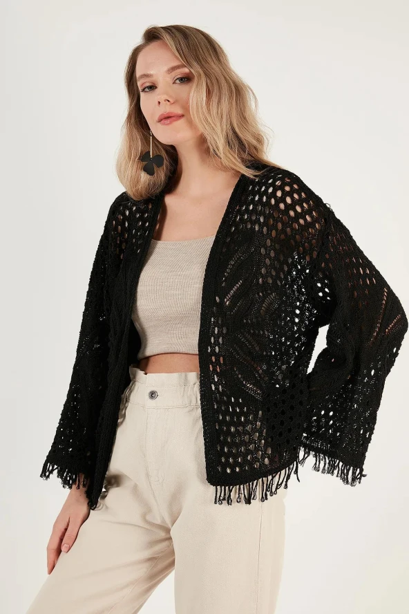 Püsküllü Ajurlu Triko Hırka - 4