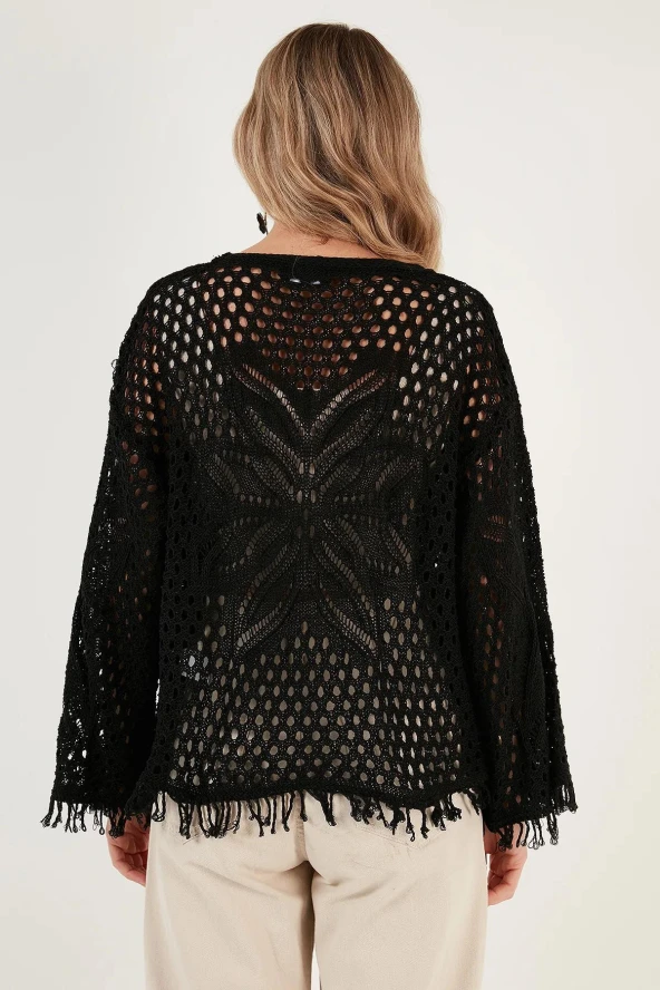 Püsküllü Ajurlu Triko Hırka - 6