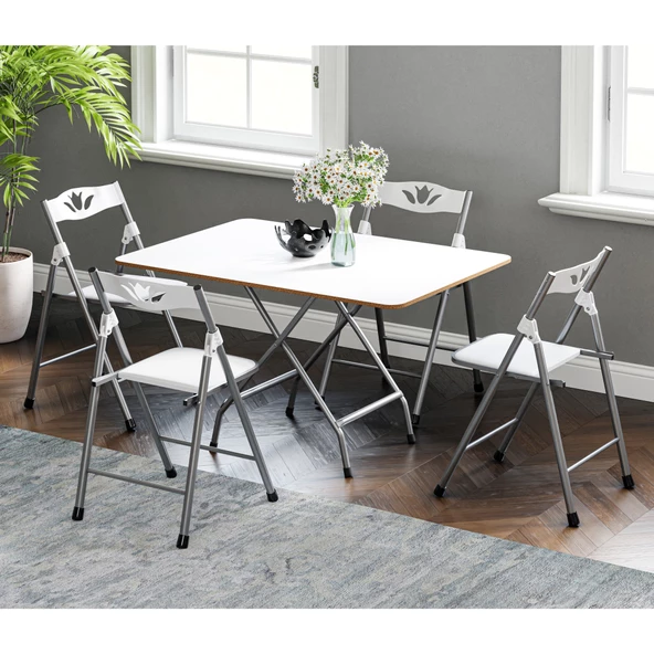 Eportatif 60x90 Beyaz Katlanır Masa ve 4 Adet Sandalye Seti 1129