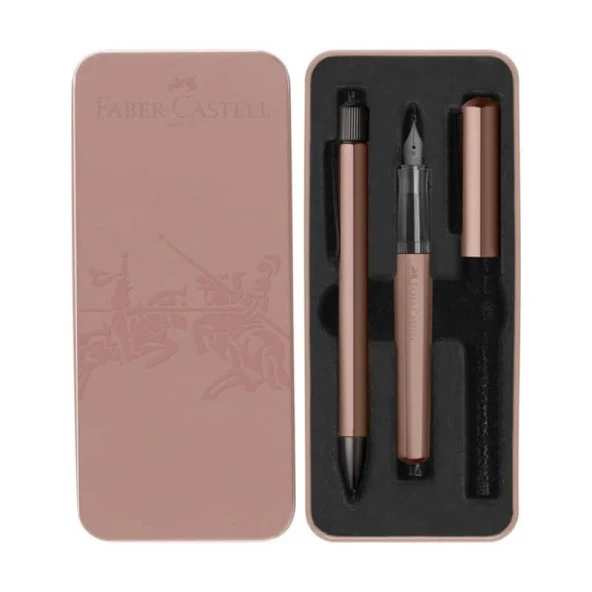 Faber Castell Hexo Dolmakalem-Tükenmez Kalem Metal Kutu Hediye Seti Bronz