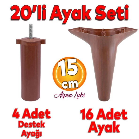 Aspen 20'li Set Lüks Mobilya Kanepe Koltuk TV Ünitesi Ayağı 15 cm Kahverengi Ayakları