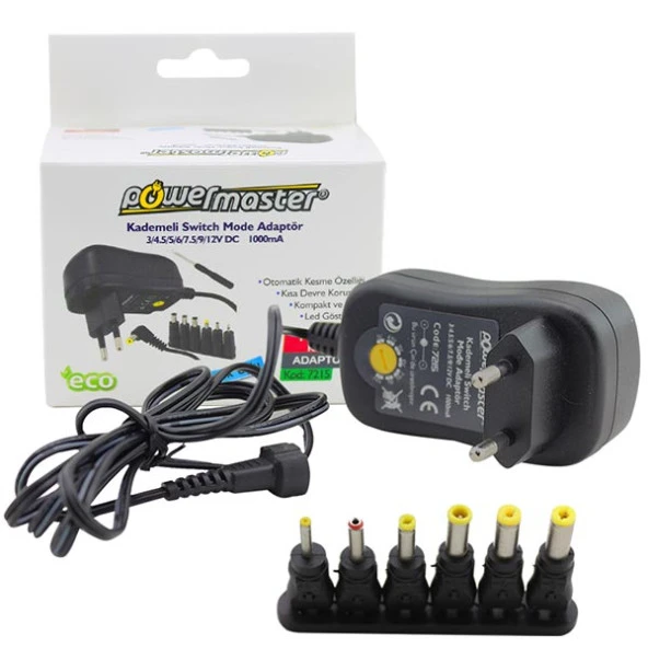 Powermaster 3-12V 1 Amper Ayarlı Switch Mode Adaptör Otomatik Kesme Özellikli Kademeli Çok Uçlu Led Göstergeli