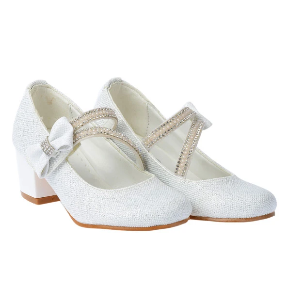 Kiko Kids 750 Simli Günlük Kız Çocuk 4 Cm Topuklu Babet Ayakkabı Beyaz